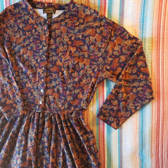 Vintage Eddie Bauer Navy Leaves Dress Modest - Picture 4 of 8